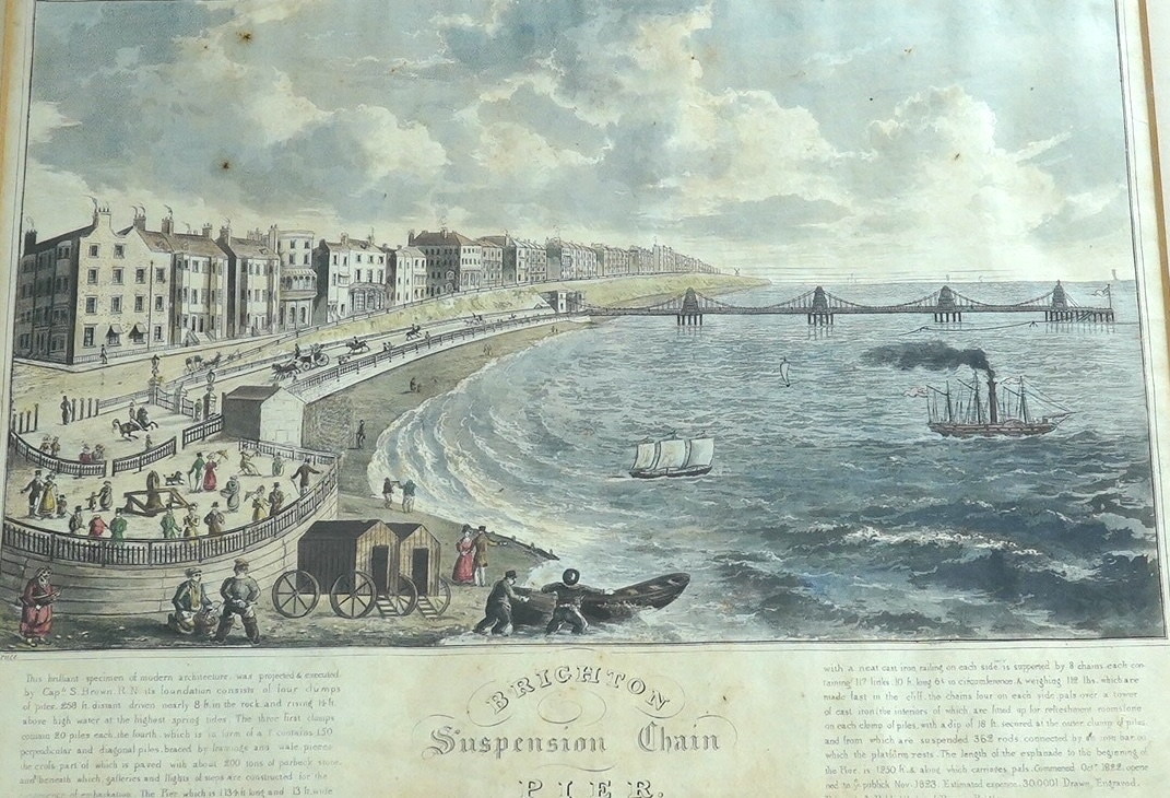 John Bruce (fl.1815-1839), 19th century coloured engraving, ‘Brighton Suspension Chain Pier’, 26 x 34cm. Condition - poor